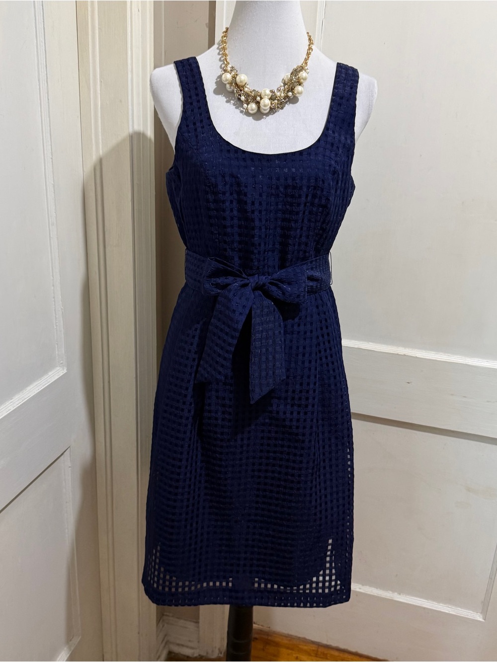 Anne Klein Navy Textured Sleeveless Midi Dress with Self Tie